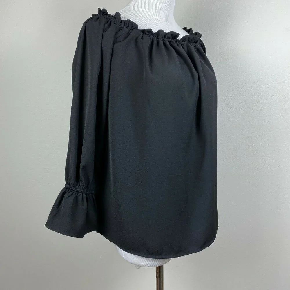 Lulus Top S Off The Shoulder Black Ruffle 3/4 Sleeve Solid Dressy Blouse - Picture 4 of 10